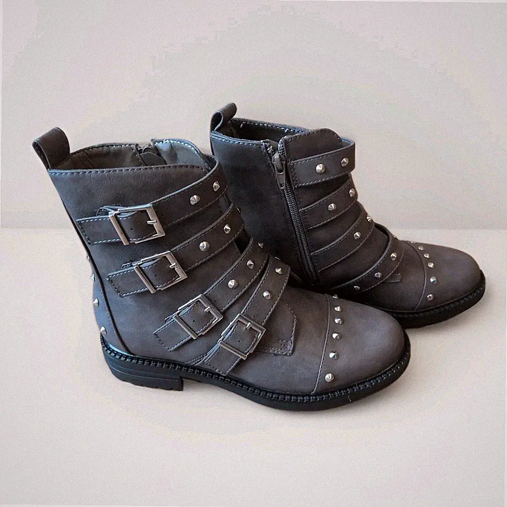 Damen-Stiefeletten braun Kunstleder Schnalle Riemen & Reißverschluss Nieten UK 4