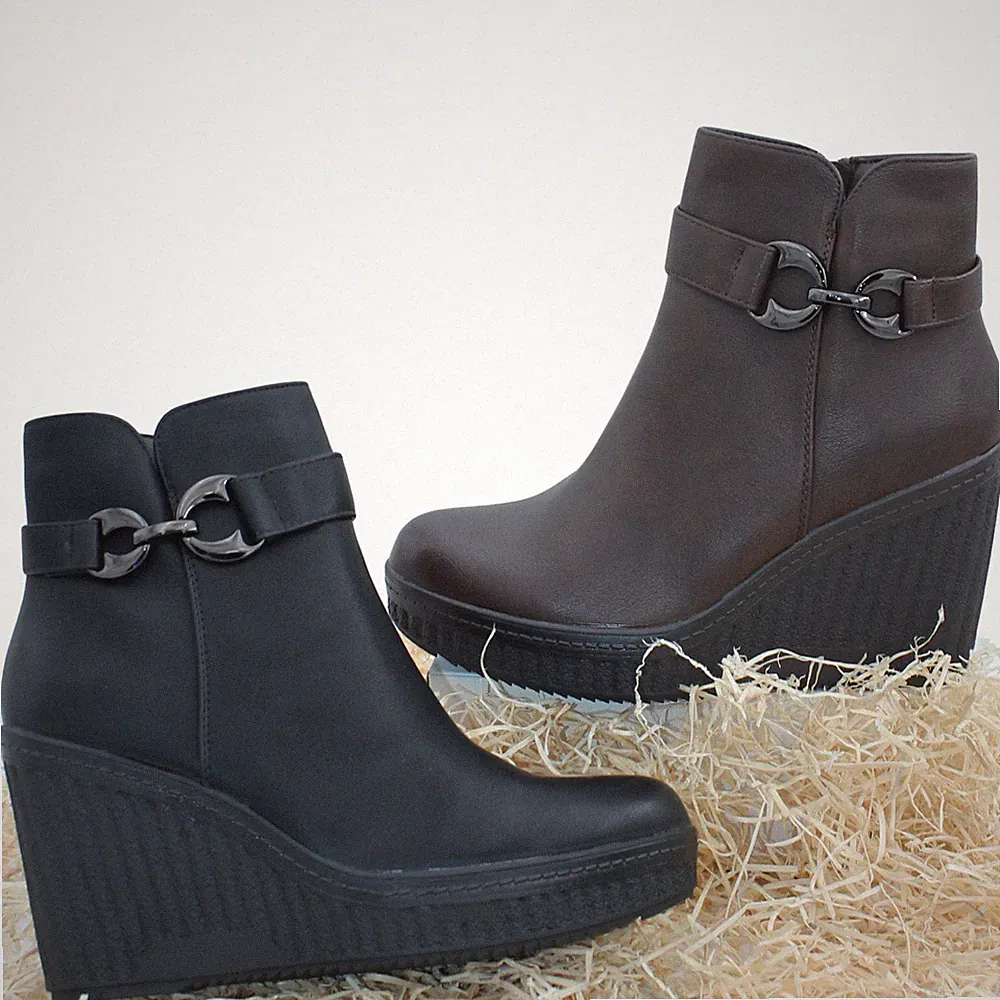 Damen Stiefeletten Keilabsatz Schuhe Stiefel Kunstleder 5967