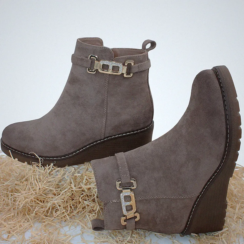 Damen Stiefeletten Keilabsatz Schuhe Wildlederstiefel Riemchen 2733