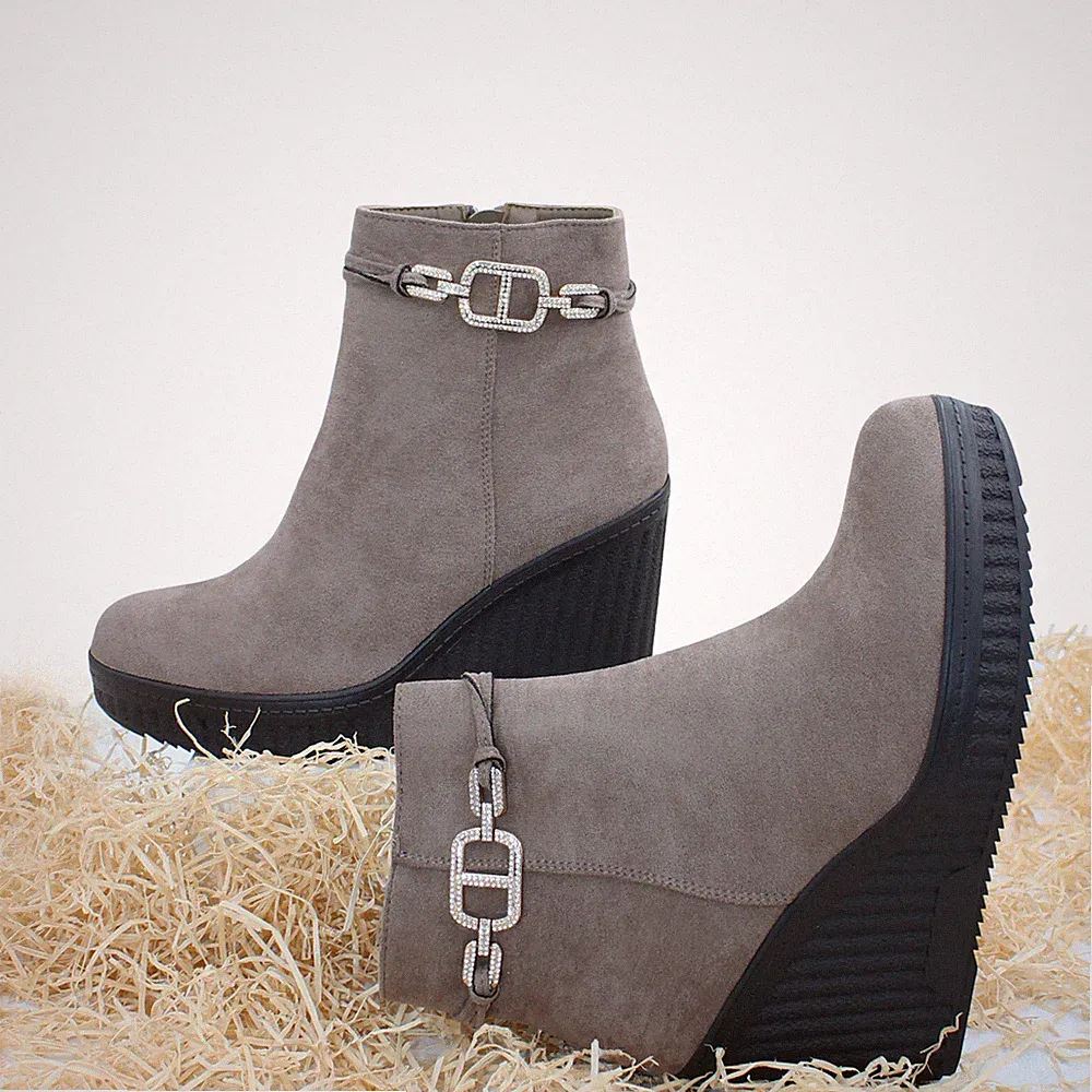 Damen Stiefeletten Keilabsatz Schuhe Wildlederstiefel Strass 5970