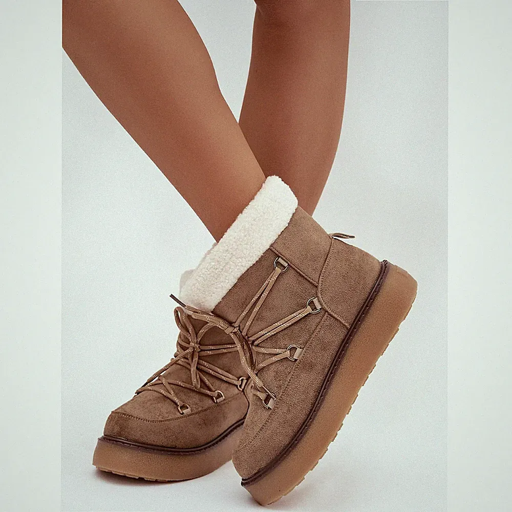 Damen Stiefeletten Kunstfell Schnürung Wasserdicht Schneestiefel