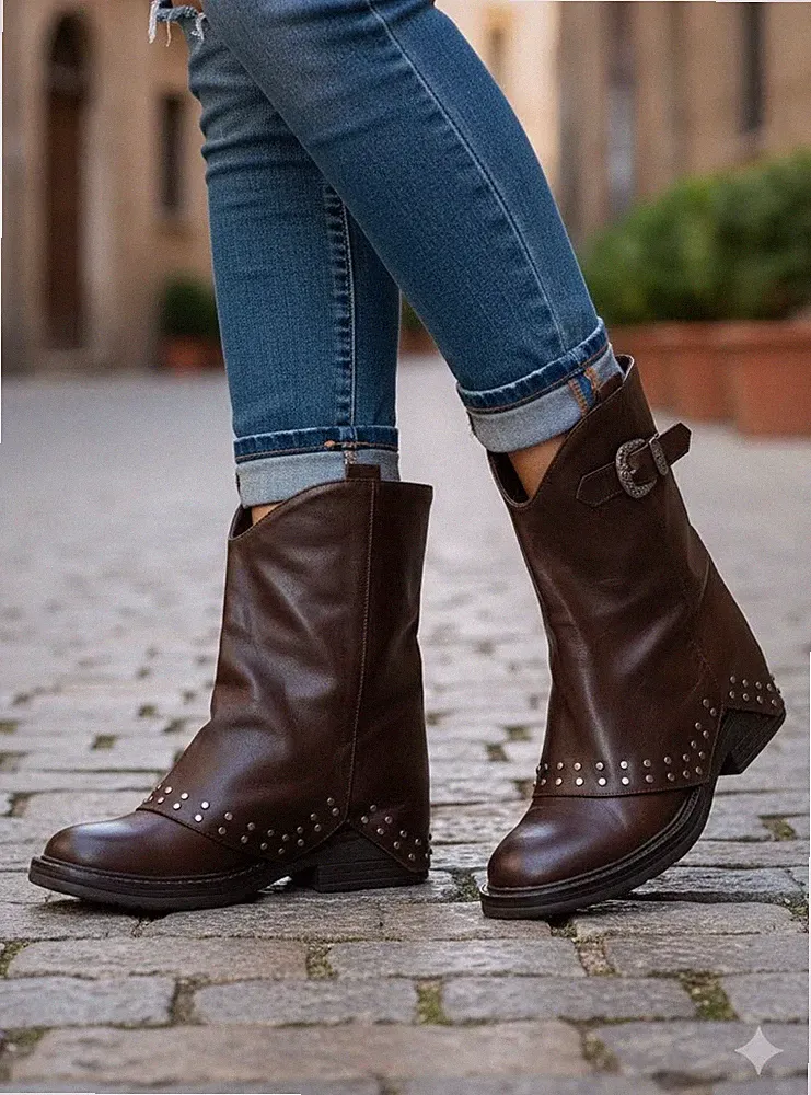 DAMEN STIEFELETTEN MIT REVERS 6356 BOOT BROWN MIT NIETEN HERBST WINTER