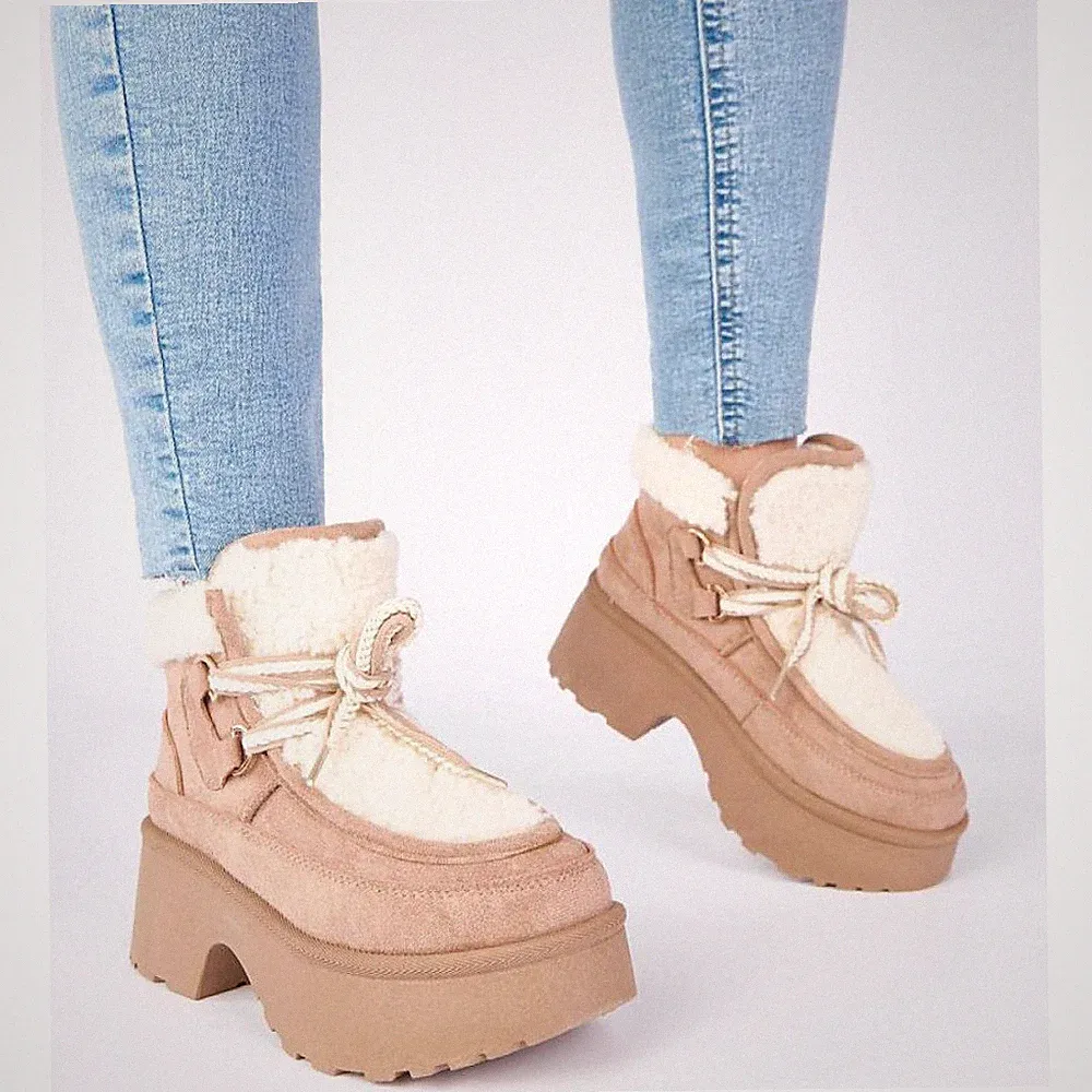 Damen Stiefeletten Plateau Stiefel Kunstfell Schnürung Wasserdicht Wildleder Stiefeletten