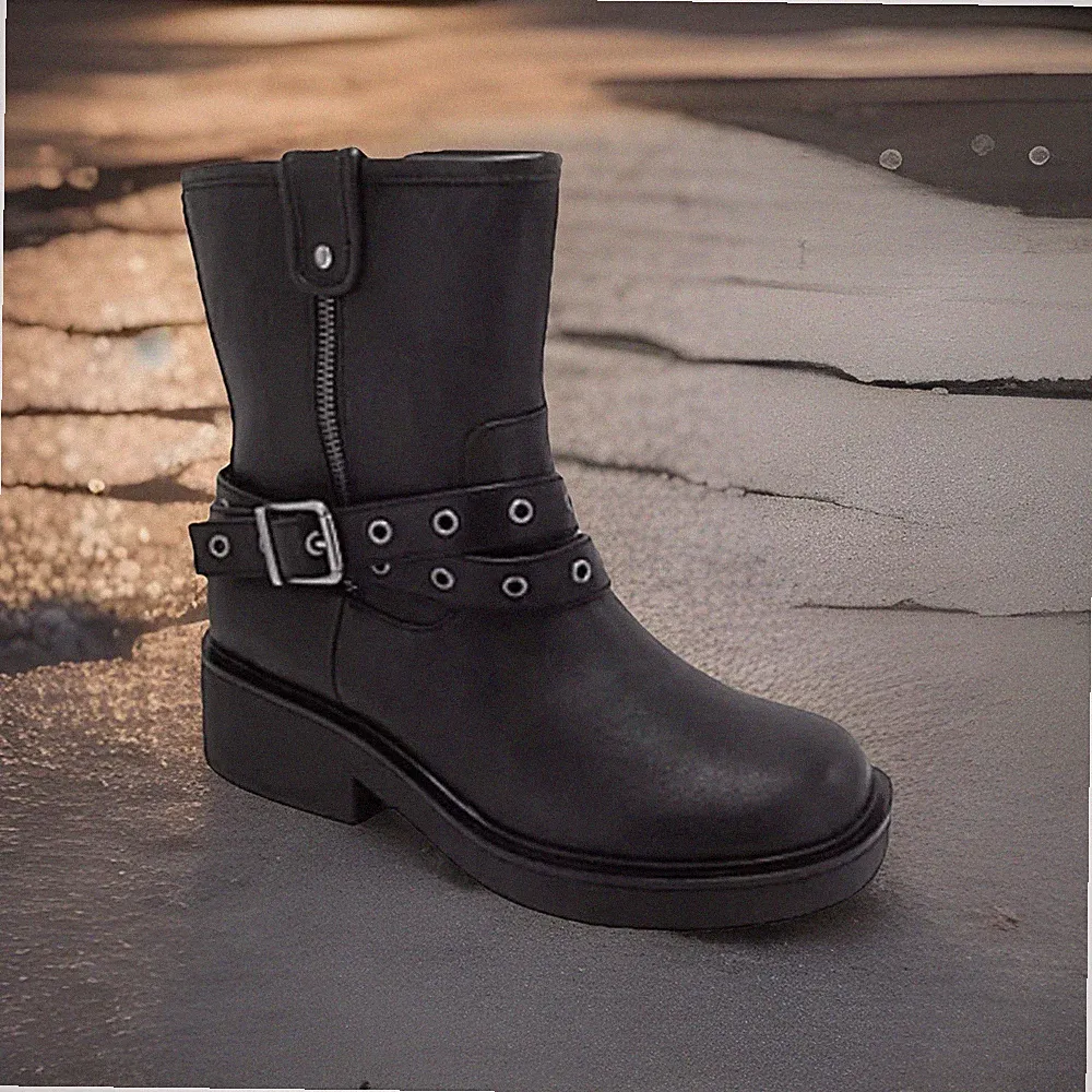 Damen Stiefeletten Pop Billboard Motorradstiefel Schwarz Neu