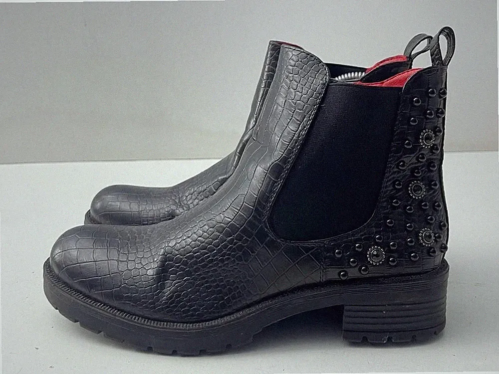 Damen Stiefeletten schwarz Krokoleder Gummizug & Reißverschluss Nieten UK 5 EUR 38 -A72