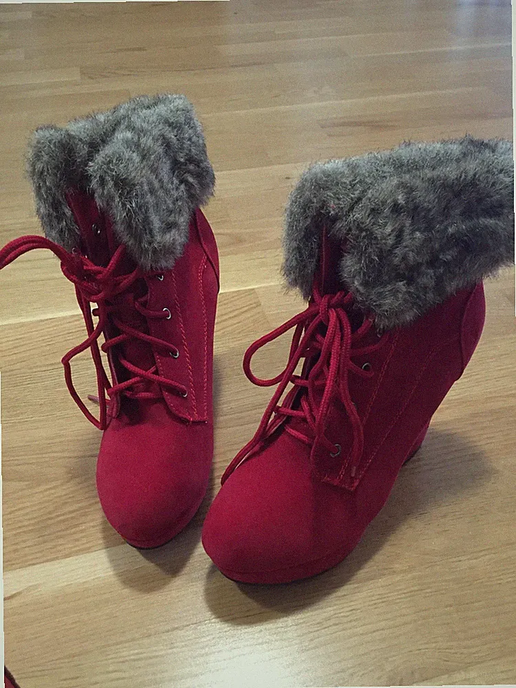 Damen Stiefeletten Stiefel Rot Keilabsatz Fell gefüttert Warm Geschnürt - 38