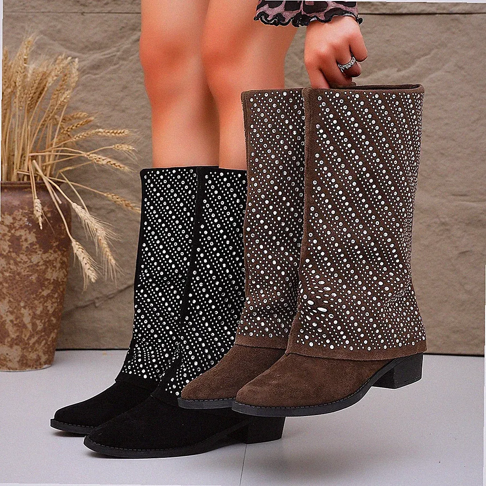 Damen Strass Spitze Faux-Seide Blockabsatz Party Reitstiefel Zum Überziehen