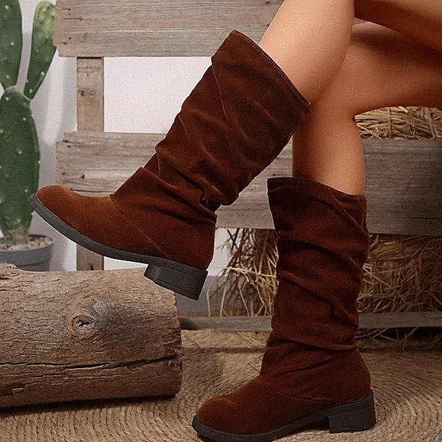 Damen Vintage Mid-Calf Herbst Winter Stiefel mit Blockabsatz Freizeit Slip-On