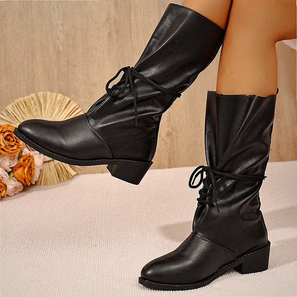 Damen Vintage Mid-Calf Schnürung Blockabsatz Western Freizeit Reitstiefel