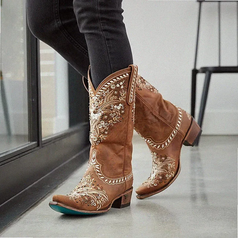 Damen Vintage West cowboy Block Stiefel Schuhe Mid-calf Ritterschuhe Stickerei