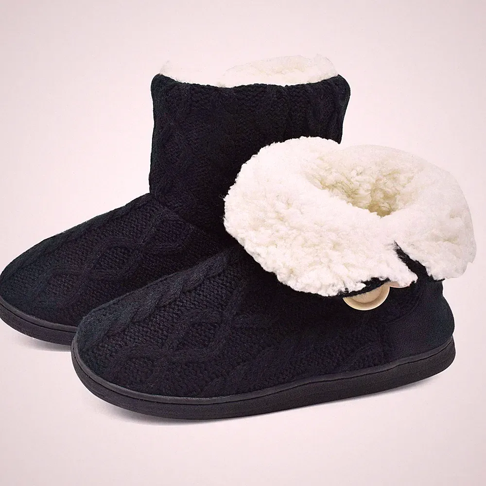 Damen Warme Hausschuhe Stiefel Gestrickte Mode Winterschuhe Bootie Muster Ged...