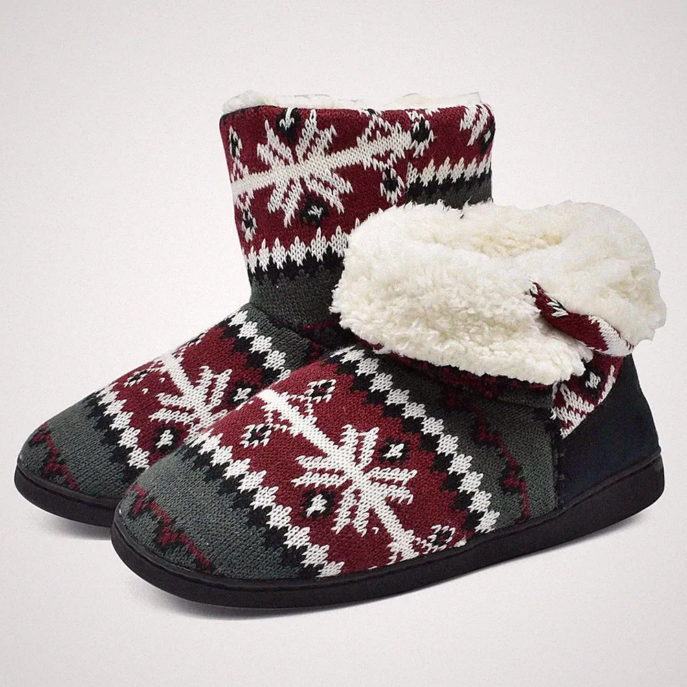 Damen Warme Hausschuhe Stiefel Gestrickte Mode Winterschuhe Bootie Muster Ged...