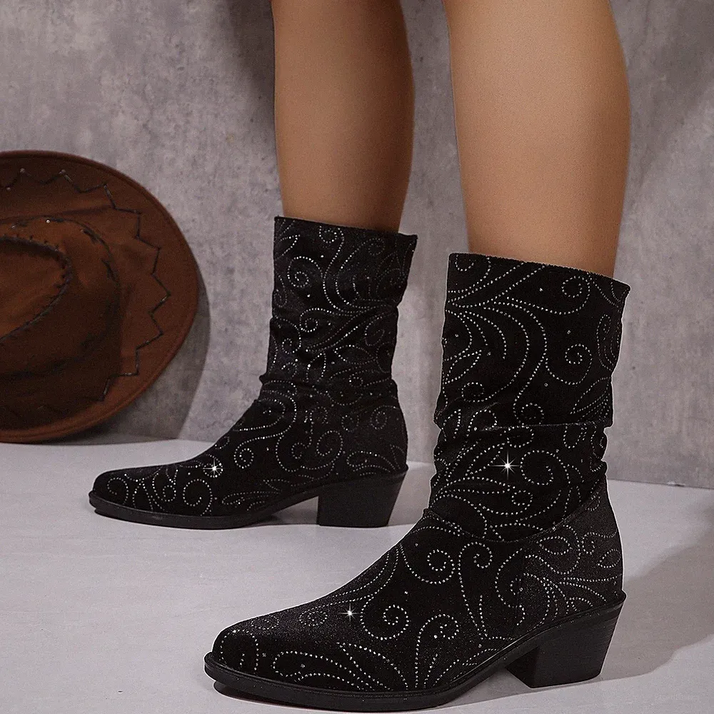 Damen Western Cowboy Stiefel Spitze Blockabsatz Zum Überziehen Winter Schuhe
