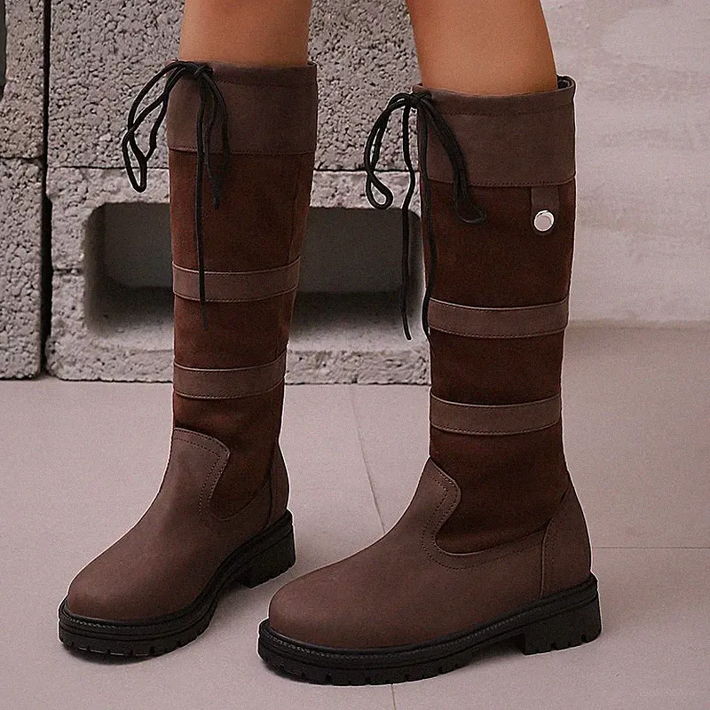 Damen Western Kniehohe Reitstiefel Patchwork mit Schnürung und Profilsohle
