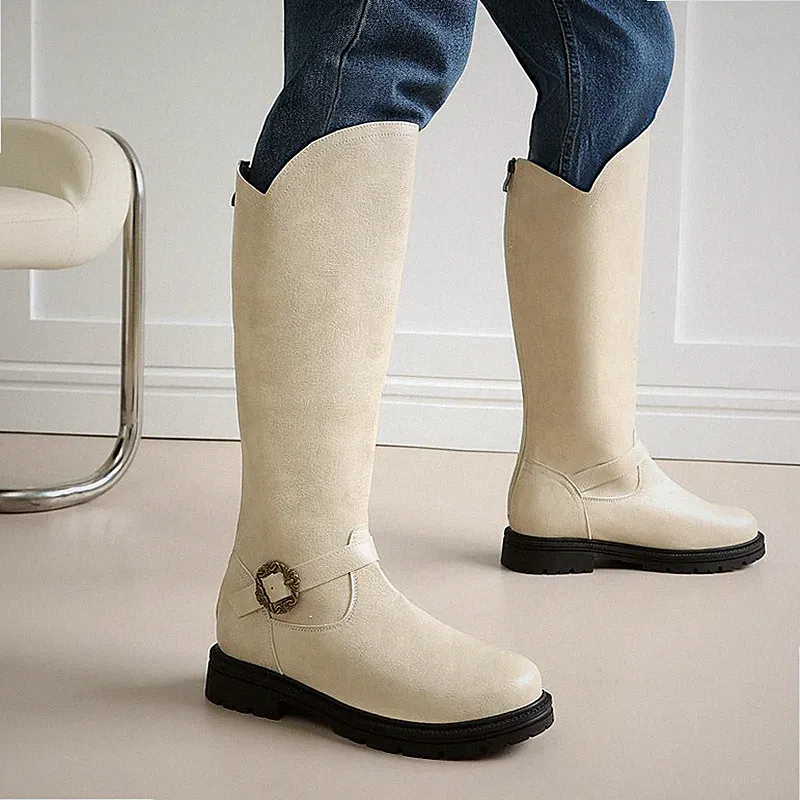 Damen Western Kniehohe Reitstiefel V-Ausschnitt mit Reißverschluss hinten
