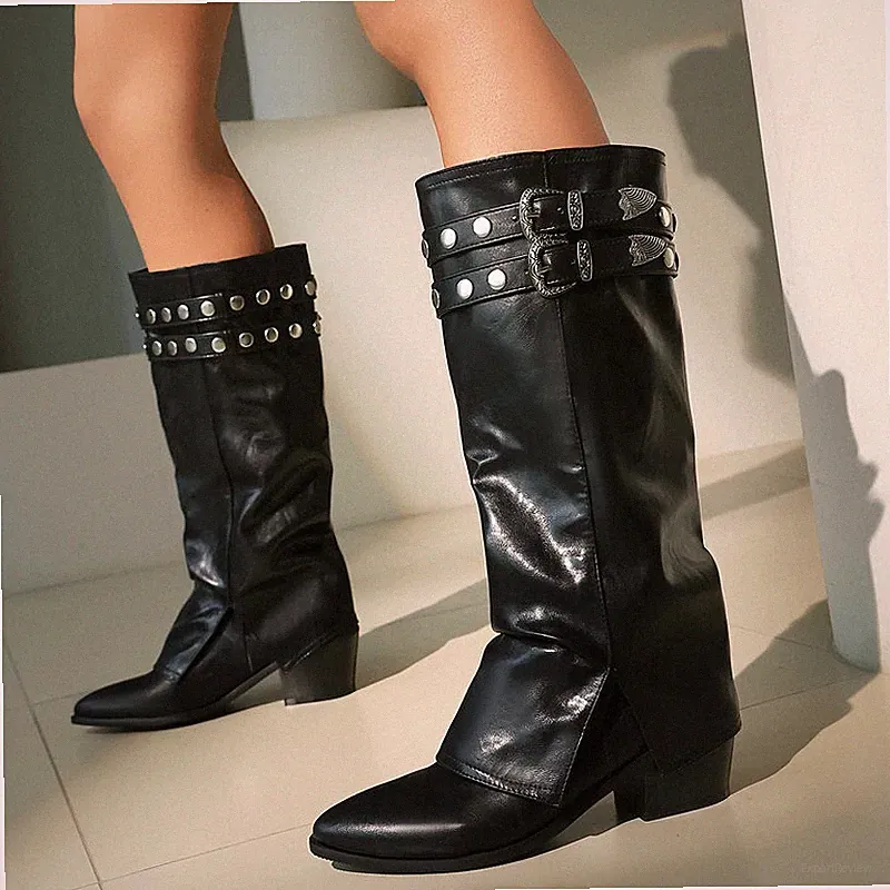 Damen Western Nieten Kniehohe Stiefel Schnalle Spitze Blockabsatz Reitstiefel