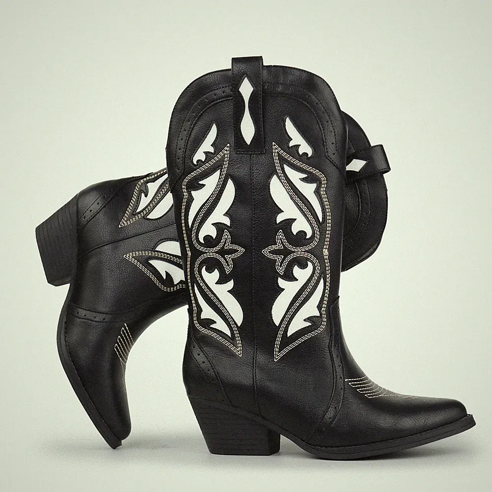 Damen Westernstiefel | Cowboystiefel mit Stickereien & Nähten, Schlupfdesign,...