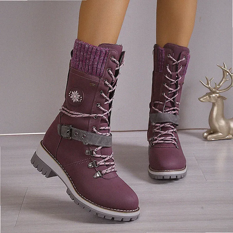 Damen Winter Schneestiefel Thermostiefel Mittlerer Schnürstiefel Wanderschuhe