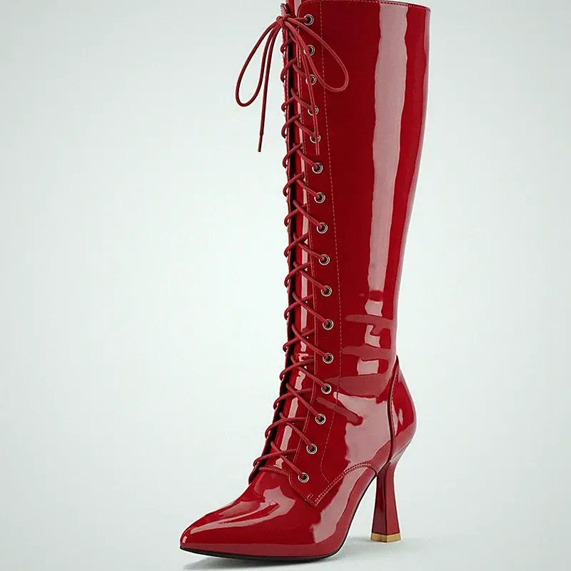 Damen Winter Schnür Kniehohe Reitstiefel Spitz Stilettoabsatz mit Reißverschluss