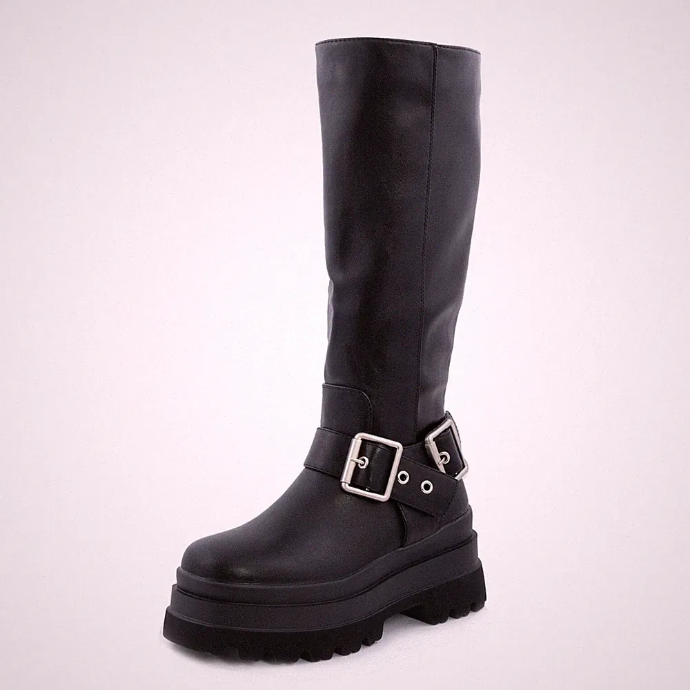 Damen Winter Stiefel Schnallen Flatform Kunstleder Biker Plateau TOOCOOL HJ810