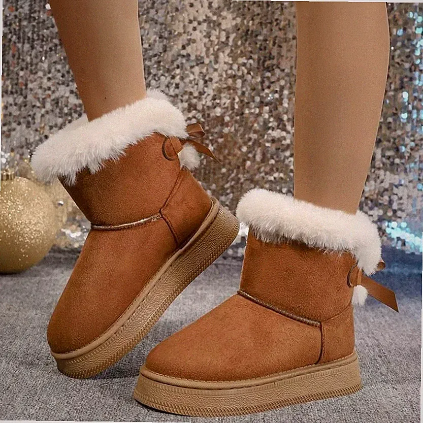 Damen Winterstiefel mit Schleife – Warme Schneestiefel Flach Weich Rutschfest El
