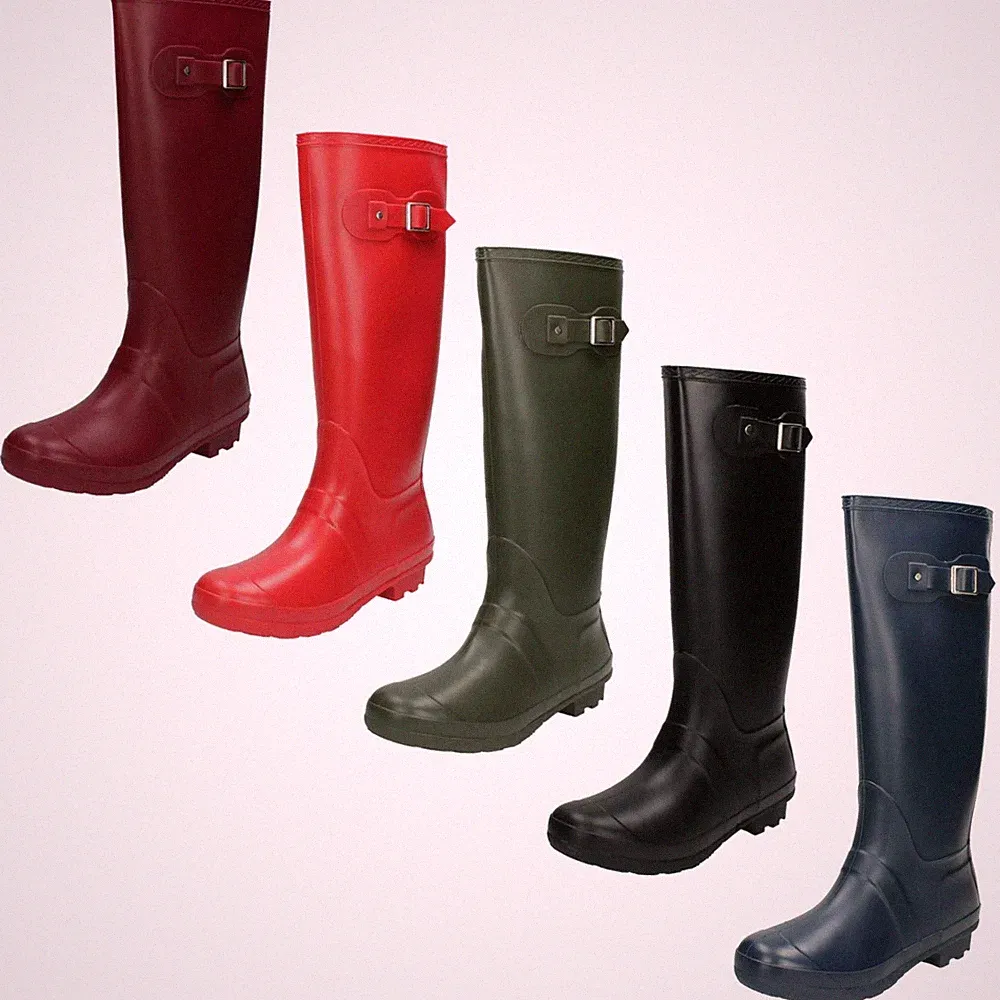 Damen X1166 Klassisch Lang PVC Gummistiefel Mit Dekorative Schnalle