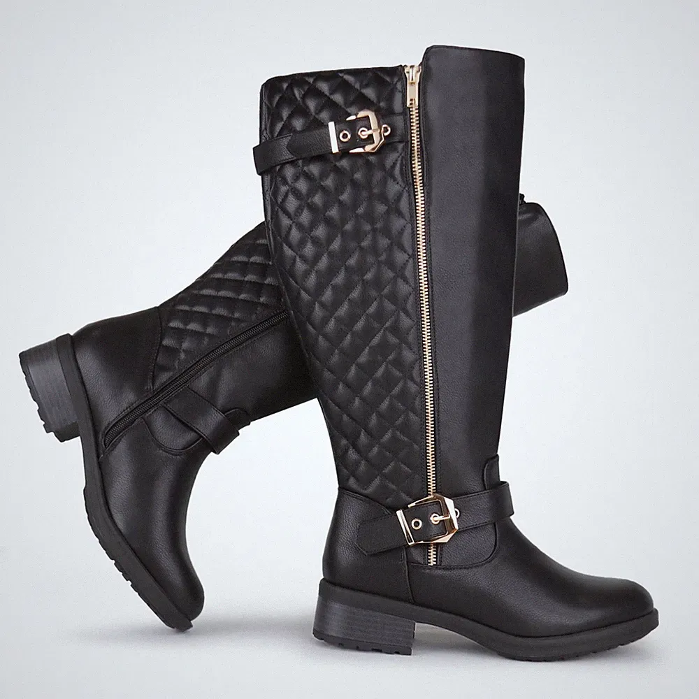 DamenReitstiefel mit extra breiter Wade, kniehoch, RetroDoppelschnalle, schic...