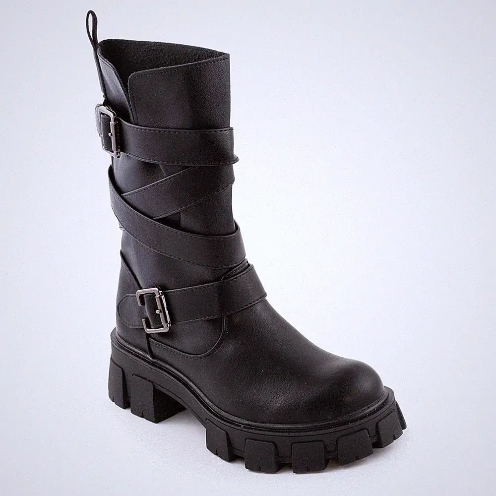 Damenschuhe Biker Motorradstiefel Kunstleder Casual Schnallen Neu 1050, Yg89...