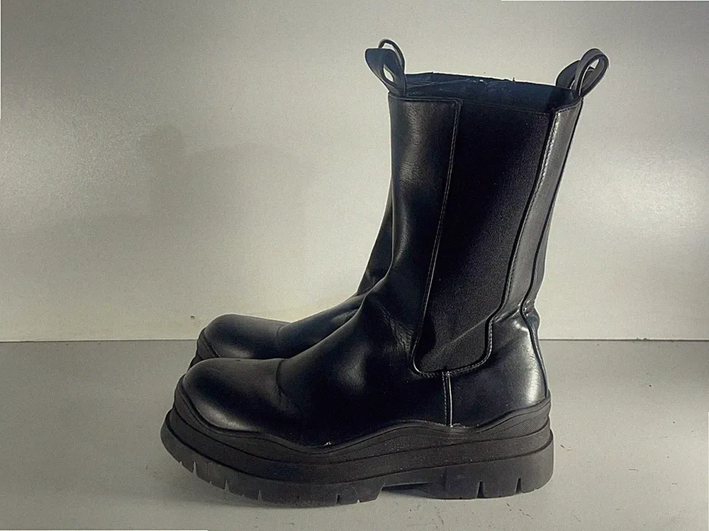 Damenschuhe Größe 4 (37) schwarz Kunstleder seitlicher Reißverschluss & elastische klobige Stiefel - E21