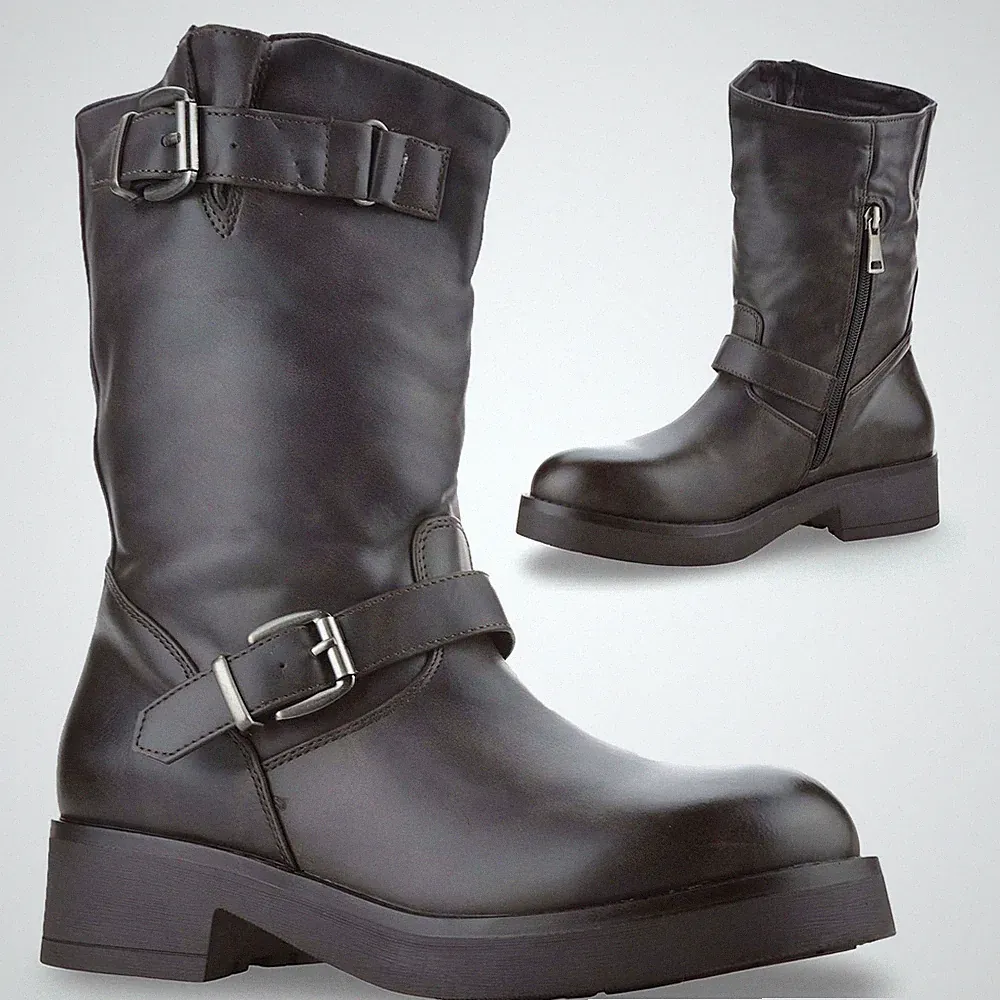 Damenschuhe halbhoher Blockabsatz Reißverschluss Winter Reiten Biker-Stiefel Größe
