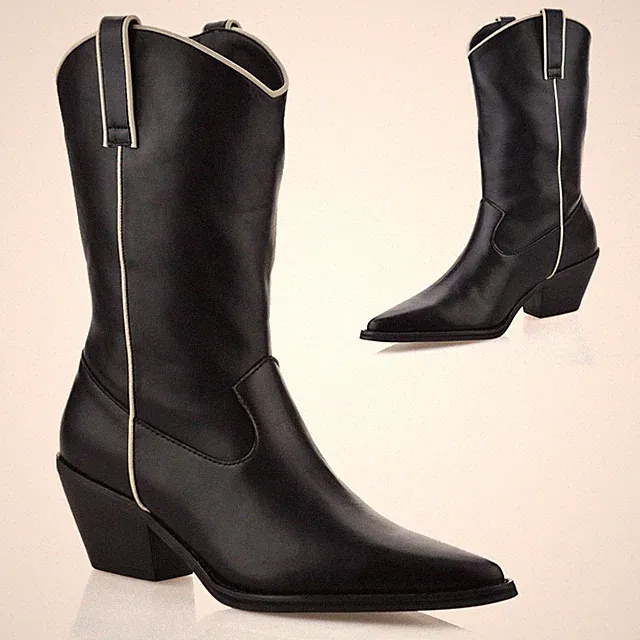 Damenschuhe halbhoher Blockabsatz Westernreiten Cowboy Biker Stiefel Größe