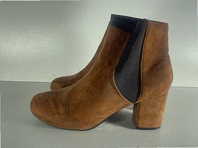 Damenschuhe hellbraune Wildlederimitat-Stiefeletten zum Überziehen mit Absatz UK 8 EUR 41 -A199