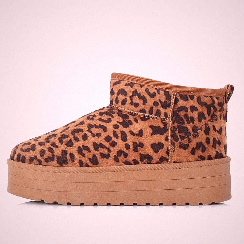 Damenschuhe knöchelhohe Winterstiefel Schnee warm Fellfutter LEOPARD Plateau UK