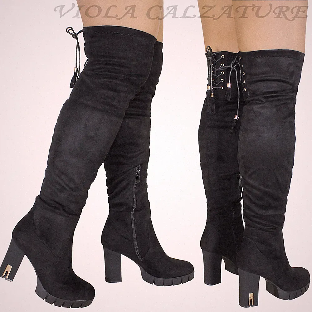 Damenschuhe Lange Stiefel Wildleder High Heels Plateau 3135