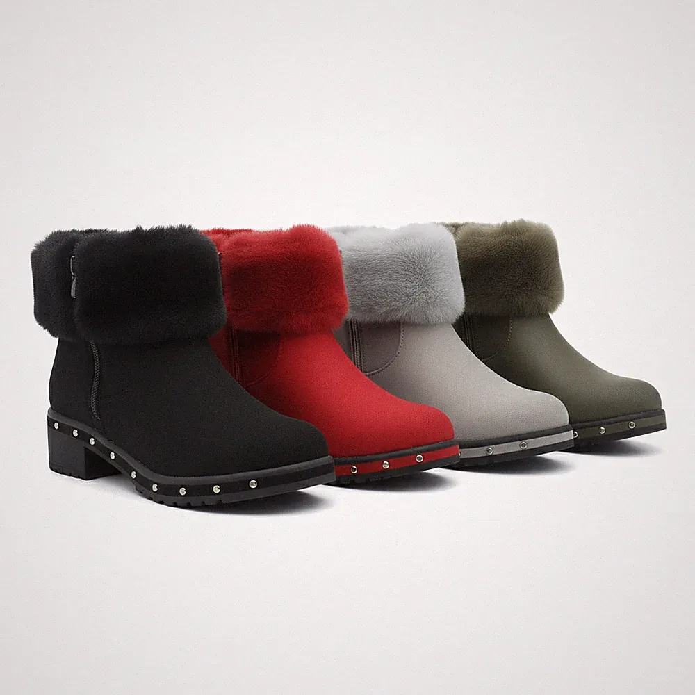 Damenschuhe mit Nieten niedriger Blockabsatz Chelsea-Stiefeletten mit Fellfutter UK