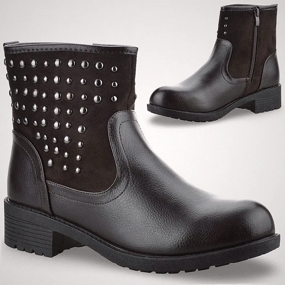 Damenschuhe mittelhoher Blockabsatz Reißverschluss Nieten Knöchel Cowboy Biker-Stiefel Größe