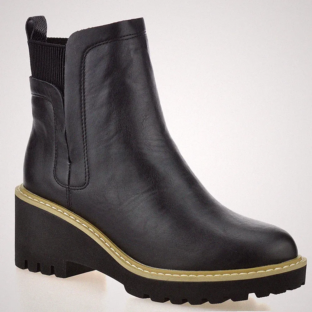 Damenschuhe mittelhoher Keilabsatz Blockabsatz Chelsea-Stiefeletten Plateau Biker-Stiefel Größe