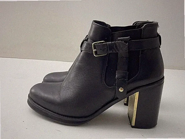 Damenschuhe schwarz Leder seitlich elastisch Knöchelriemen Stiefel UK 6 EU 39 -A79