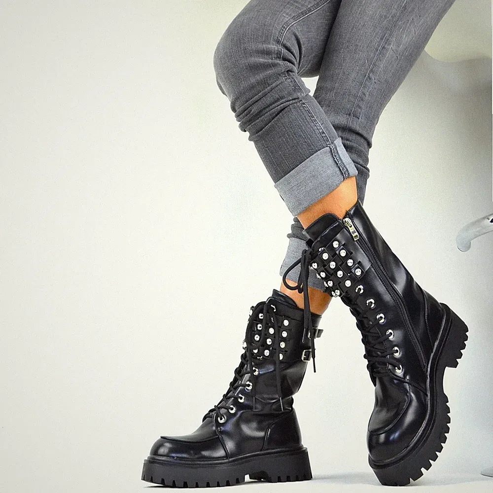 DAMENSCHUHE STAR ROCK WORKER BOOTS SCHNÜRSENKEL OUTDOOR STIEFELETTEN GLITZER