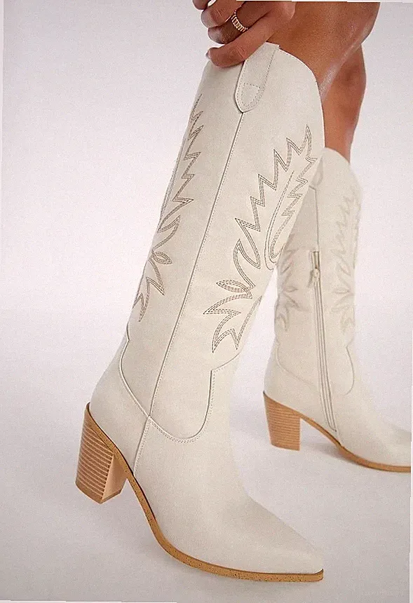 DE. WOMEN FLORA KNEE HIGH BOOTS LADIES COWBOY POINTED TOE PULL ON BIKER SHOES