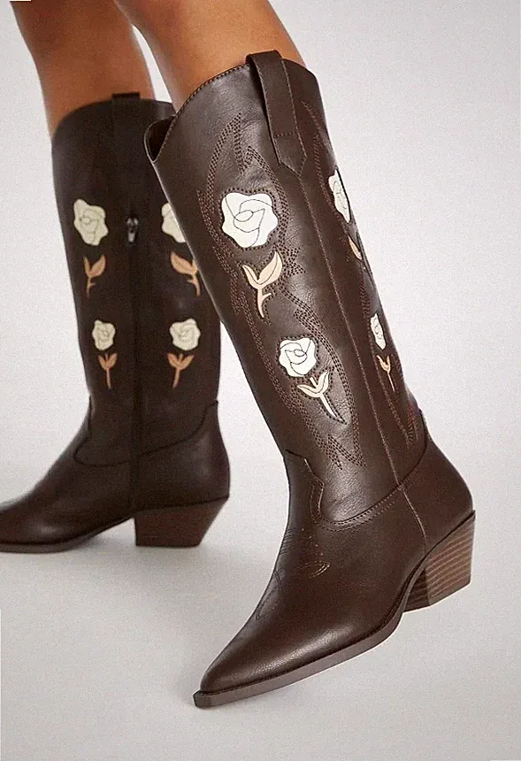 DE WOMEN LACE UP KNEE HIGH BOOTS LADIES COWBOY POINTED TOE FLOWER BIKER SHOES
