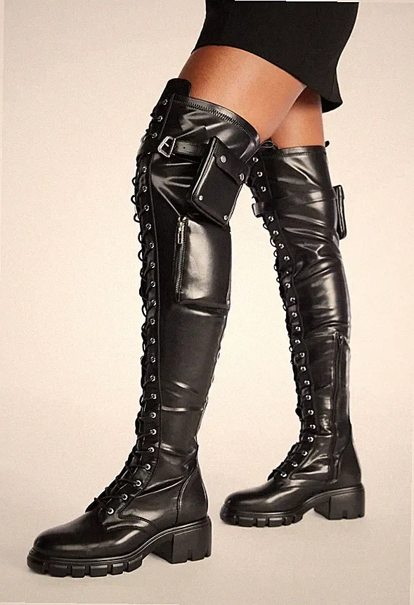 DE. WOMEN LACE UP OVER THE KNEE BOOTS LADIES BUCKLE POCKET ARMY BIKER ZIP SHOES
