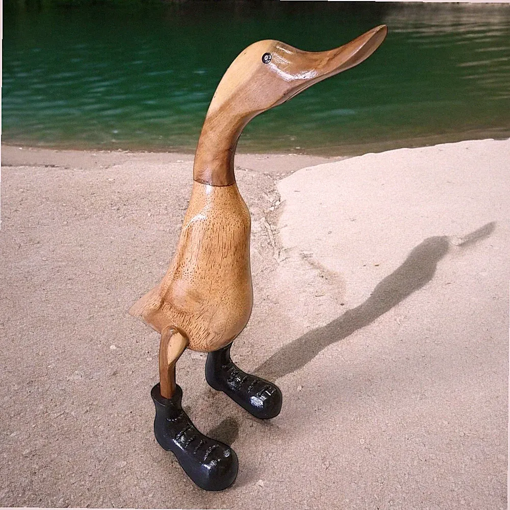 Deko Holz Ente Gummistiefel Bambus Vogel Skulptur Statue Aufsteller Laufente