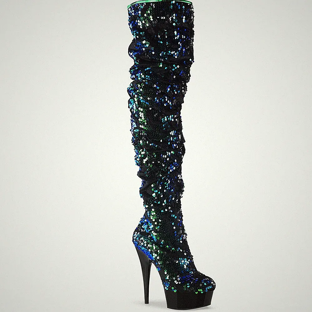 DELIGHT-3004 Pleaser High-Heels Plateauoverkneestiefel grün funkelnde Pailletten
