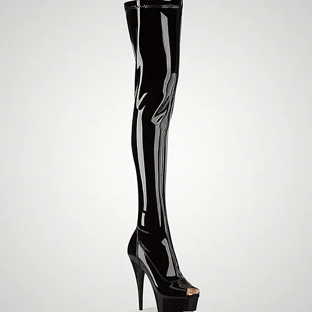 DELIGHT-3011 Plaser Lady High-Heels Plateau Overkneestiefel schwarz Stretch Lack