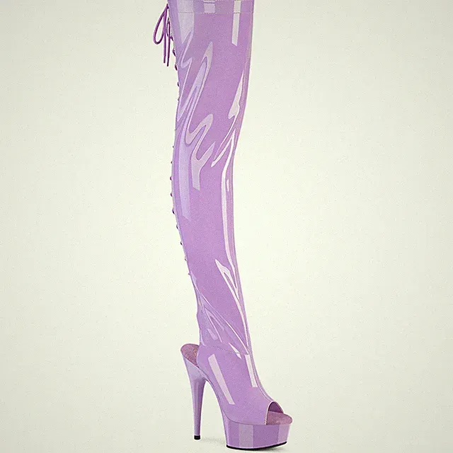 DELIGHT-3017 Pleaser High Heels Peep Toe Overkneestiefel lavendel Stretch Lack