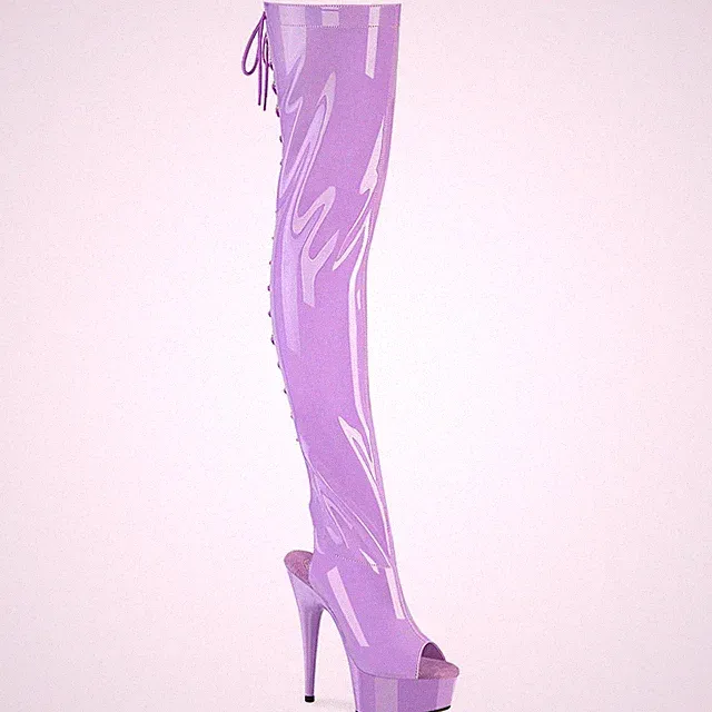 DELIGHT-3017 Pleaser High Heels Peep Toe Overkneestiefel lavendel Stretch Lack