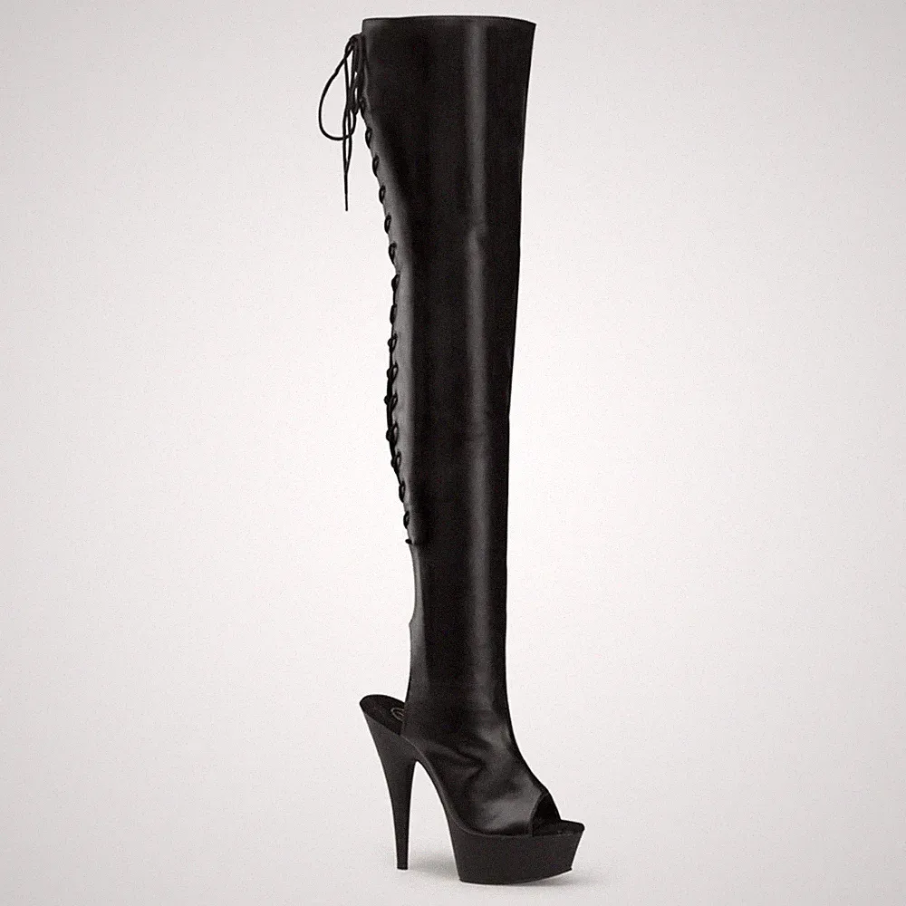 DELIGHT-3017 sexy Pleaser High Heels Peep Toe Overkneestiefel schwarz Lederoptik