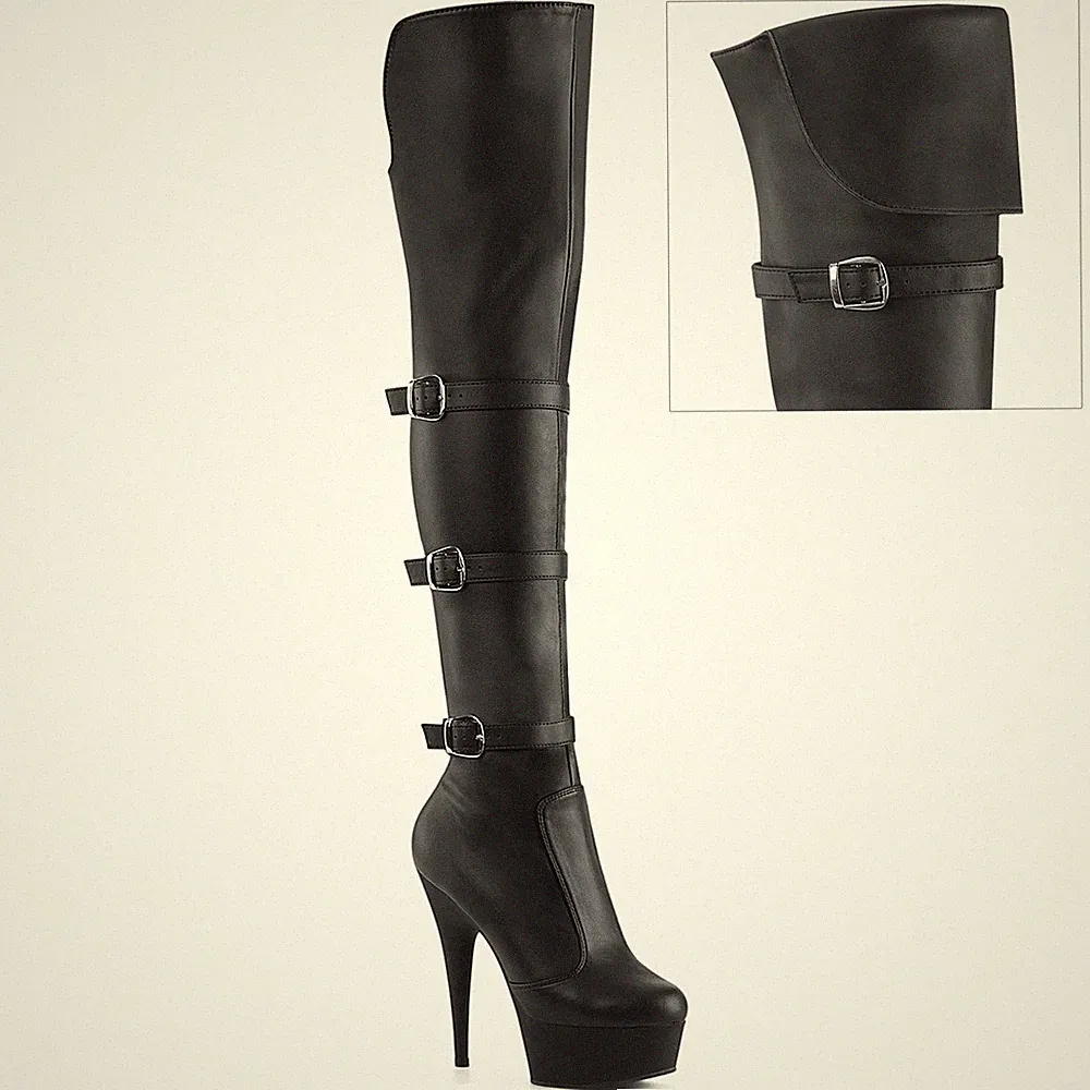 DELIGHT-3018 Pleaser Damen Schnallen Plateauoverkneestiefel schwarz Stretch Matt