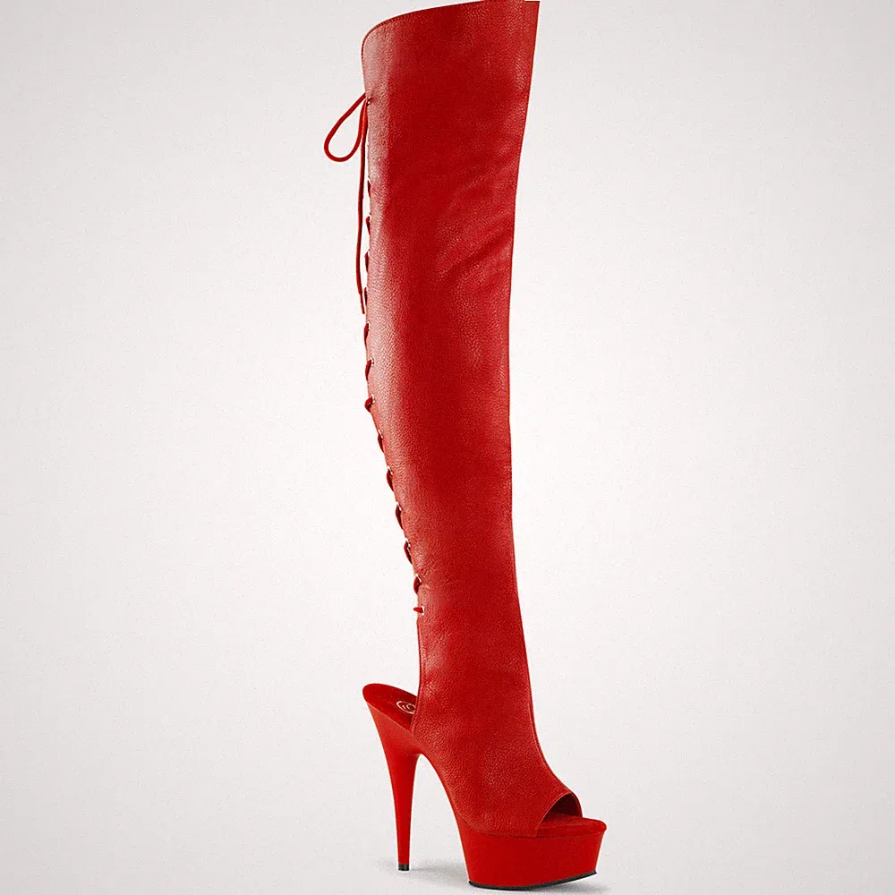 DELIGHT-3019 Pleaser High Heels Plateau Overkneestiefel rot Zehen und Fersenfrei